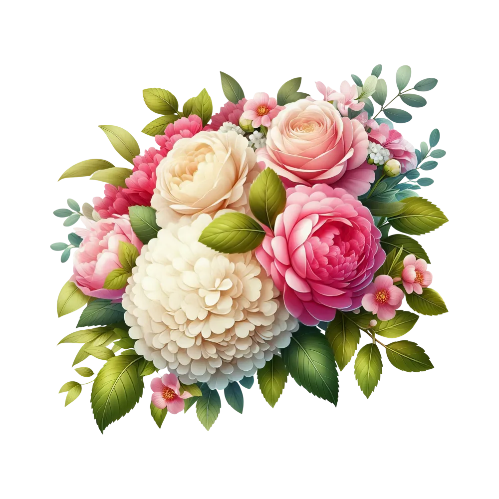 Detailed Bouquet of Pink and White Flowers with Green Leaves