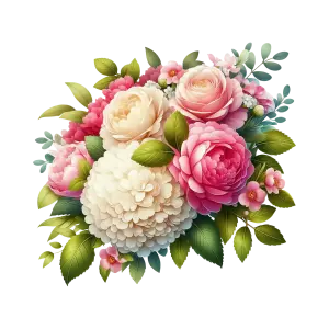 Detailed Bouquet of Pink and White Flowers with Green Leaves