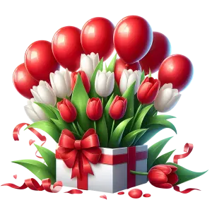 Bouquet of Red and White Tulips with Red Balloons and Gift Box