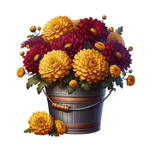 Mixed Chrysanthemum Flowers in Metal Bucket