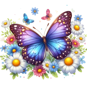 Colorful Blue and Purple Butterfly with Daisies and Other Flowers