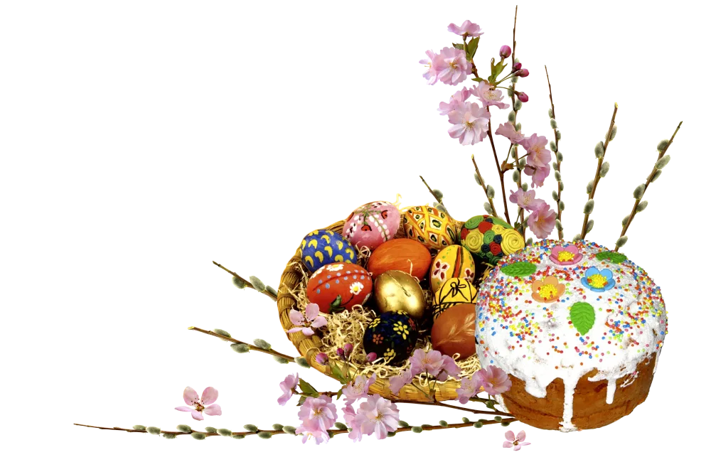 Easter Basket with Painted Eggs and Festive Cake