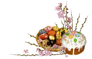 Easter Basket with Painted Eggs and Festive Cake