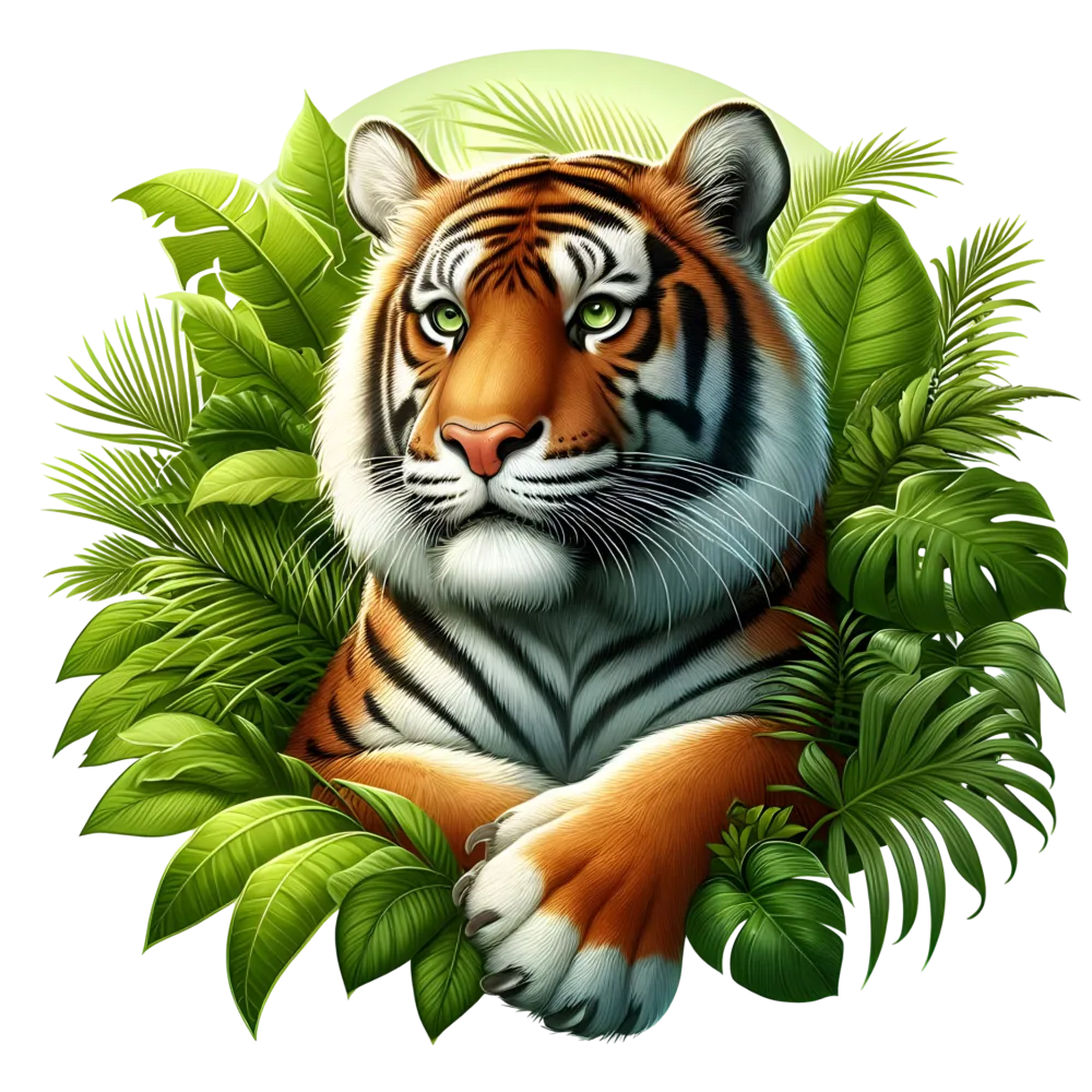 Realistic Tiger Portrait Surrounded by Tropical Green Leaves