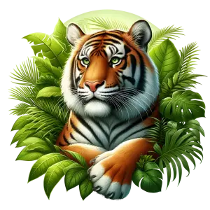 Realistic Tiger Portrait Surrounded by Tropical Green Leaves