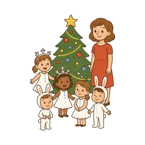 Children and Woman Celebrating Christmas Around Decorated Tree