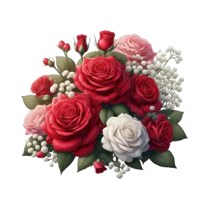 Bouquet of Red, Pink, and White Roses with Green Leaves and Baby's Breath