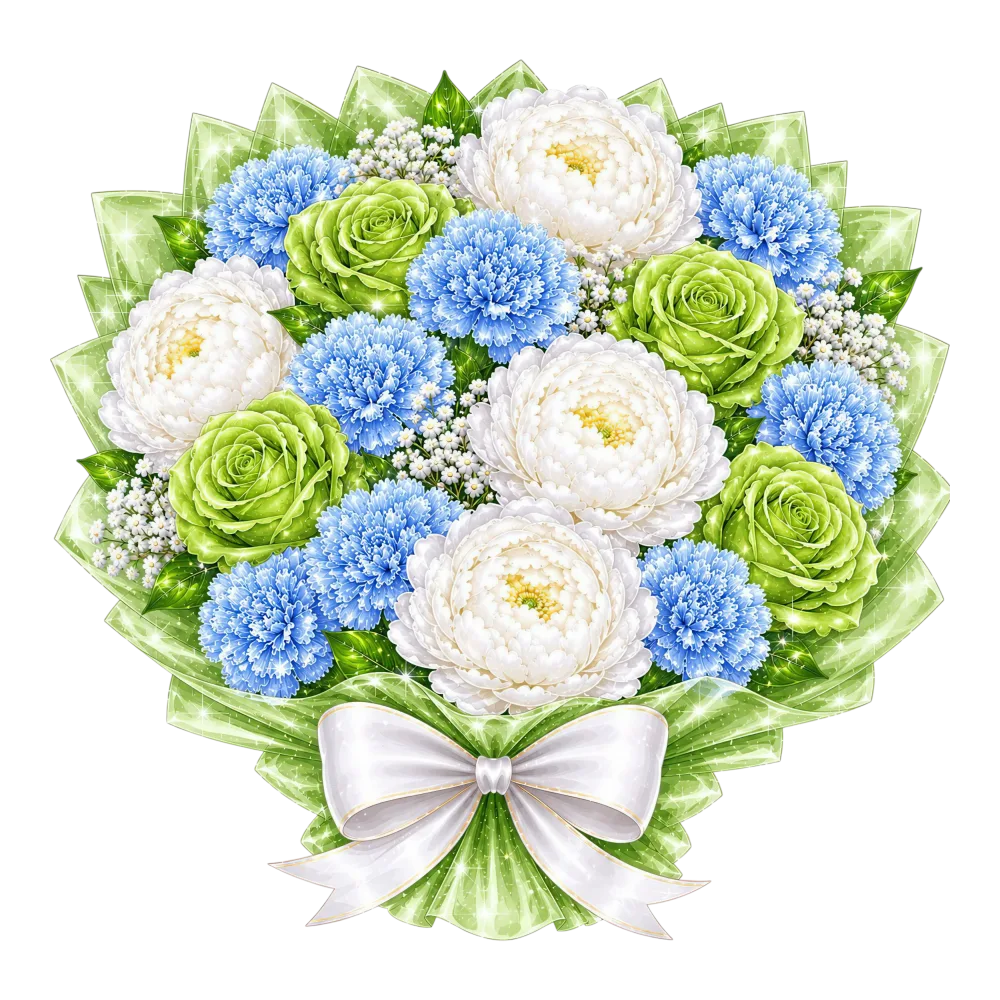 Bouquet of White Peonies, Green Roses and Blue Chrysanthemums with White Bow