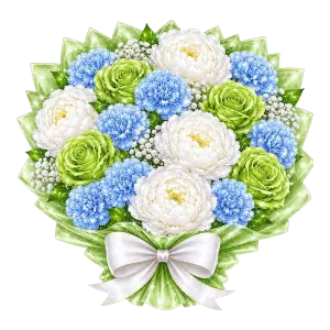 Bouquet of White Peonies, Green Roses and Blue Chrysanthemums with White Bow
