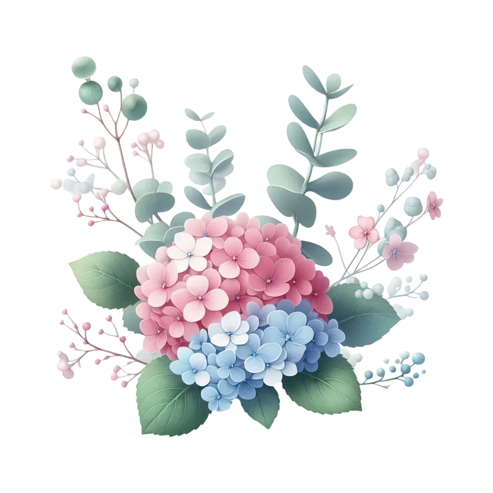 Pink and Blue Hydrangea Floral Arrangement with Greenery