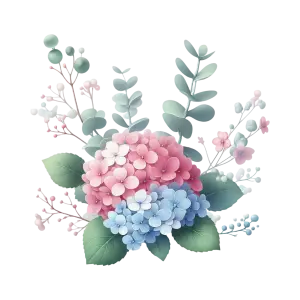 Pink and Blue Hydrangea Floral Arrangement with Greenery