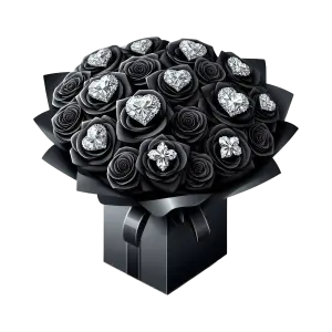 Bouquet of Black Roses with Heart-Shaped and Floral Diamonds in Black Gift Box