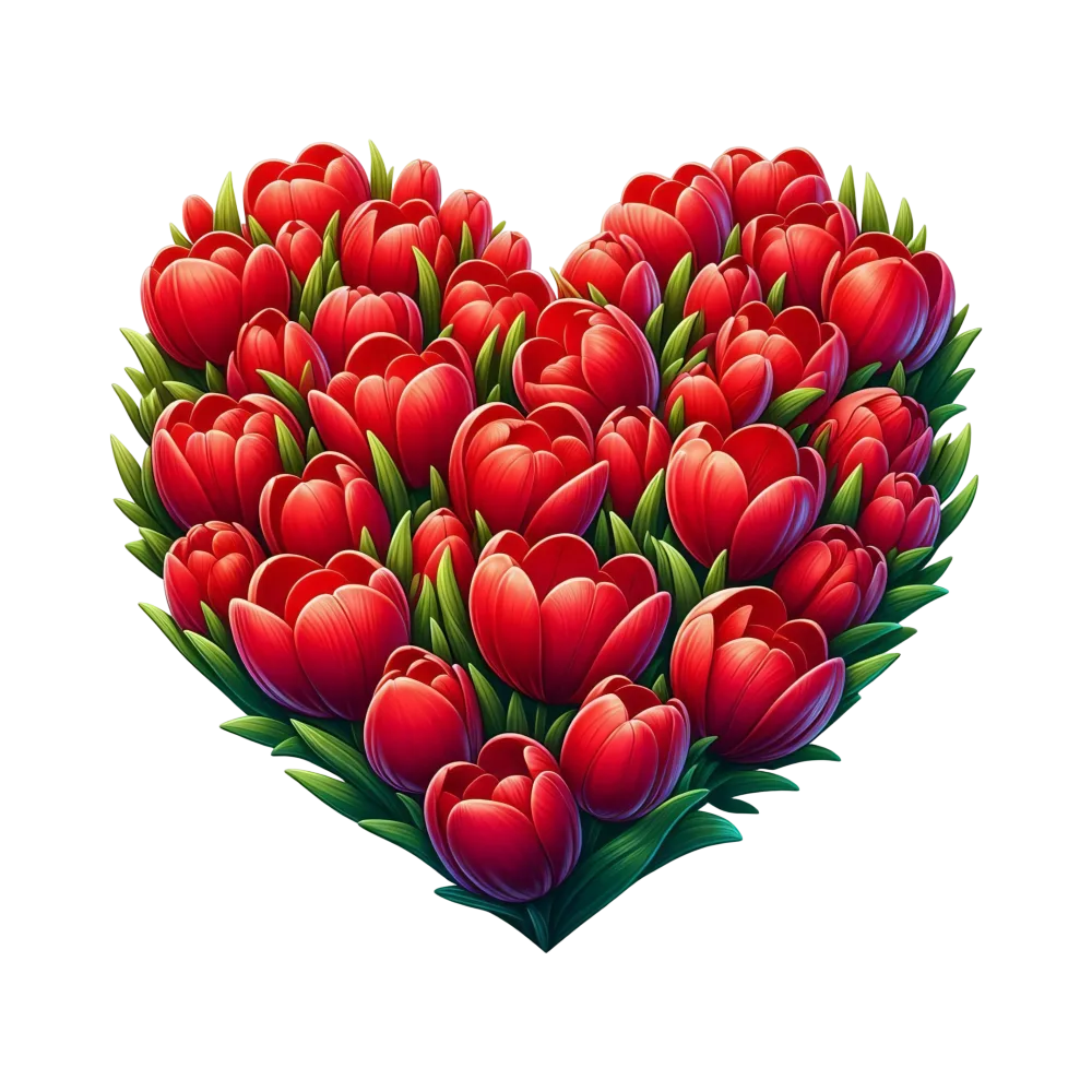 Heart Shape Made of Red Tulip Flowers with Green Leaves