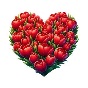 Heart Shape Made of Red Tulip Flowers with Green Leaves