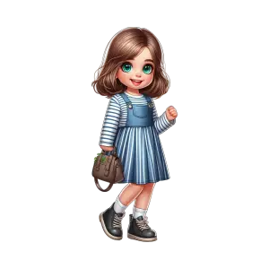Cute Little Girl Cartoon Character in Striped Dress with Handbag