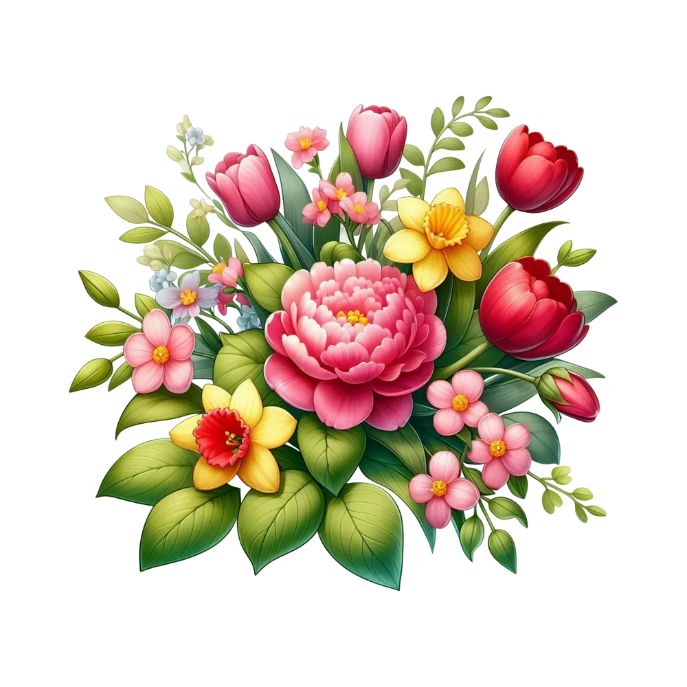 Colorful Spring Flowers Bouquet with Tulips and Daffodils