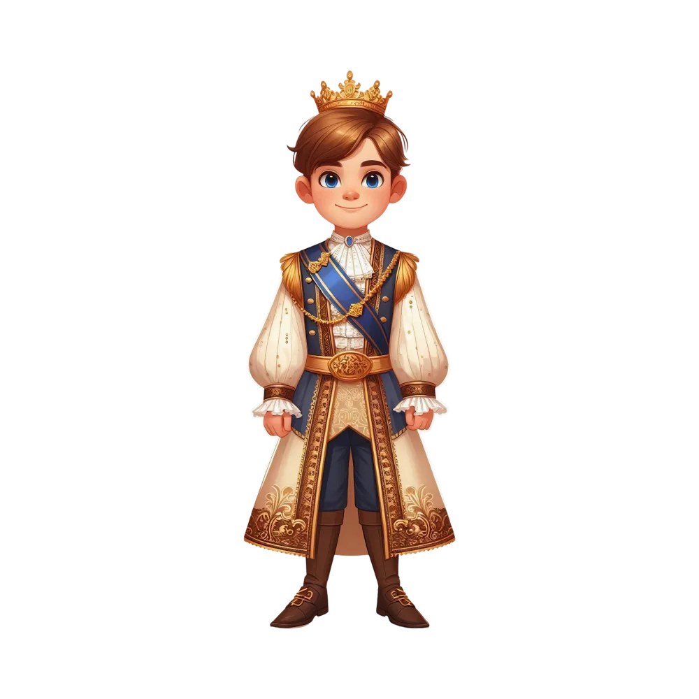 Cartoon Young Prince Wearing Royal Attire and Golden Crown