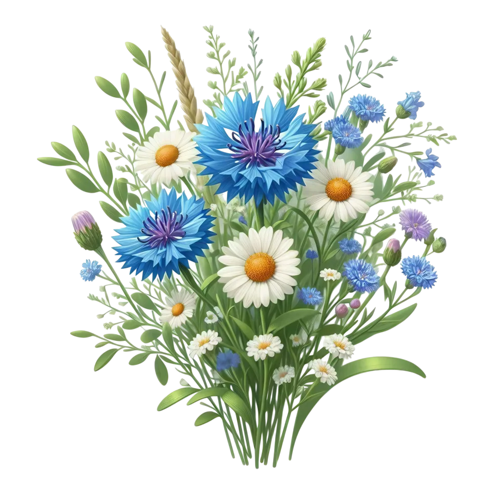 Bouquet of Blue Cornflowers and White Daisies with Greenery