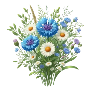 Bouquet of Blue Cornflowers and White Daisies with Greenery