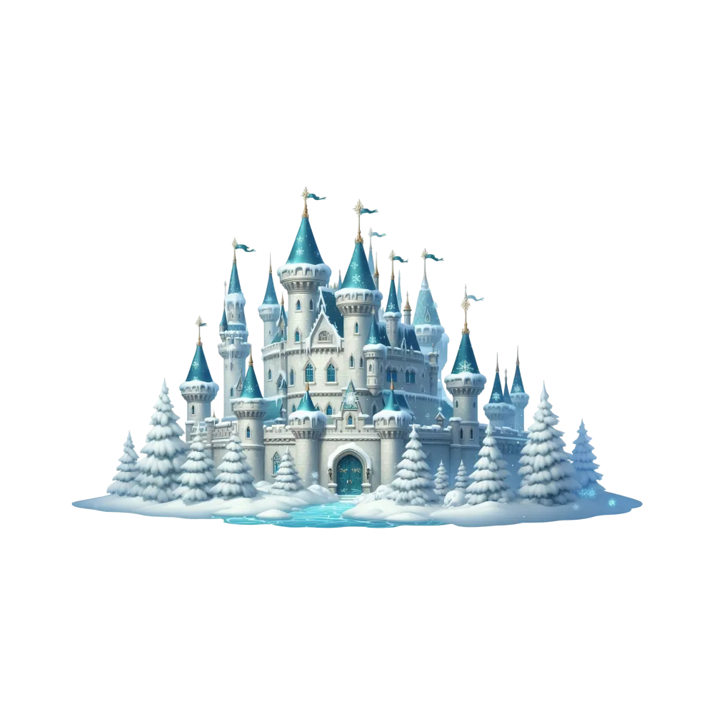 Winter Snow Castle with Blue Turrets and Pine Trees