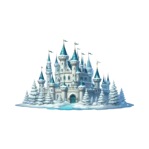 Winter Snow Castle with Blue Turrets and Pine Trees