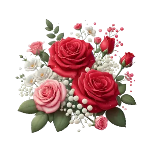 Realistic Bouquet of Red and Pink Roses with White Baby's Breath Flowers