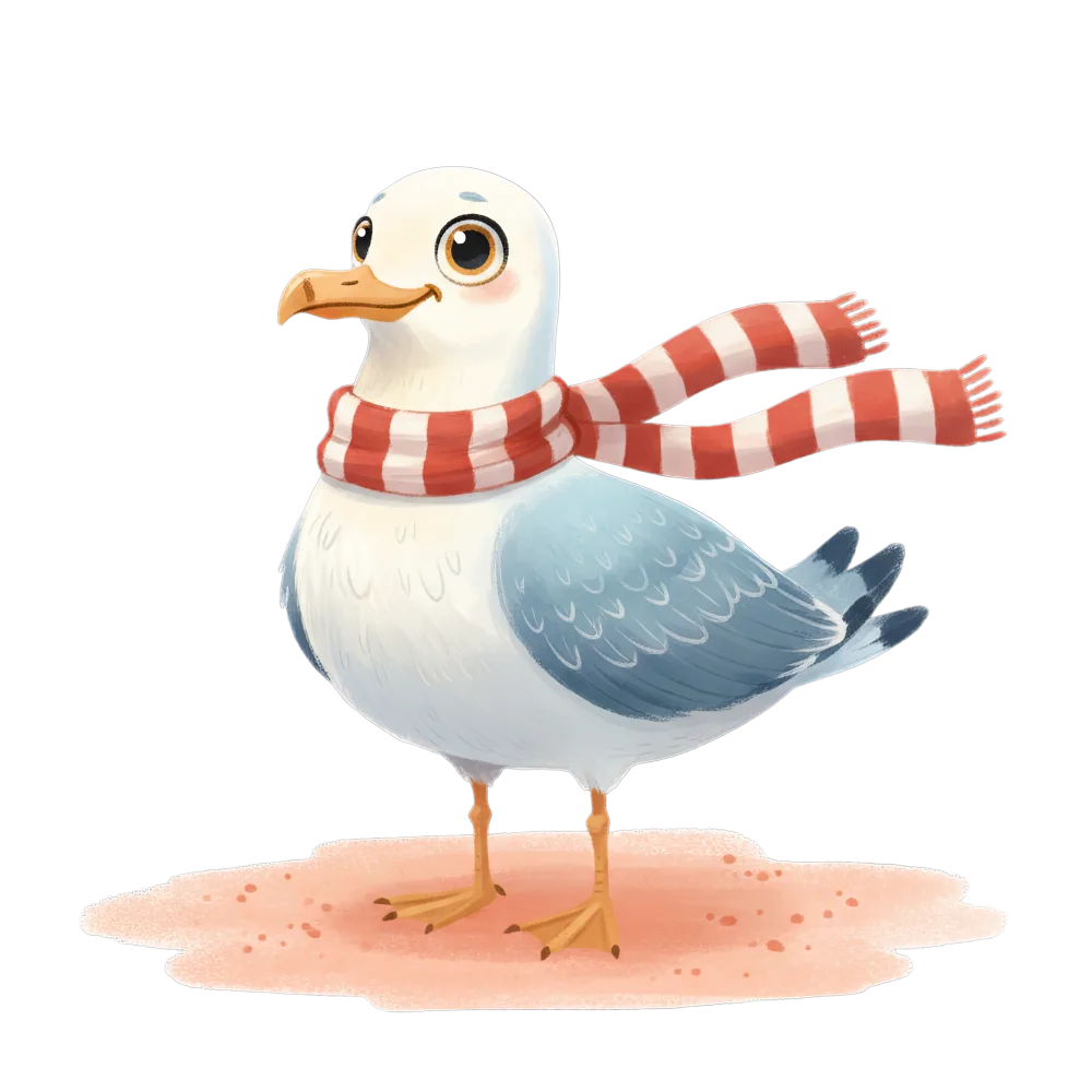 Cute Cartoon Seagull Wearing Red and White Striped Scarf