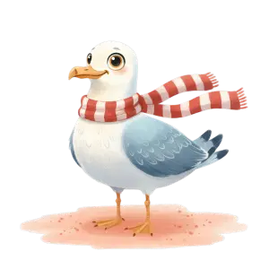 Cute Cartoon Seagull Wearing Red and White Striped Scarf