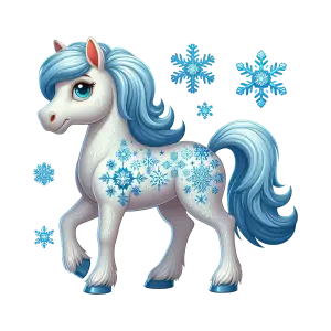 Cartoon White Pony with Blue Snowflakes and Blue Mane