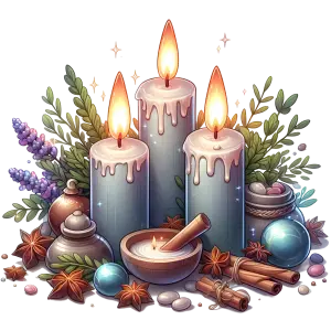 Decorative Arrangement of Three Lit Candles with Herbs and Spices