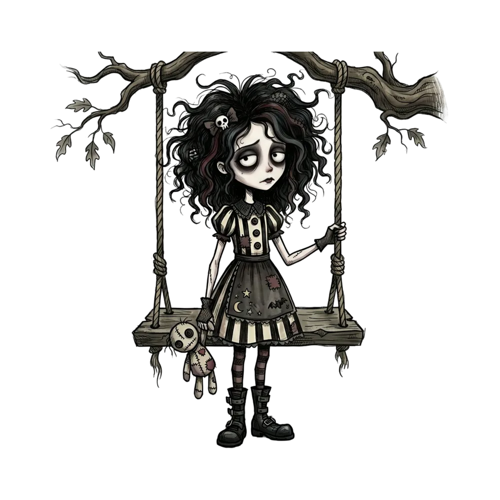 Gothic Sad Girl on Swing with Doll