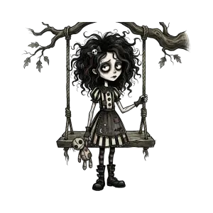Gothic Sad Girl on Swing with Doll