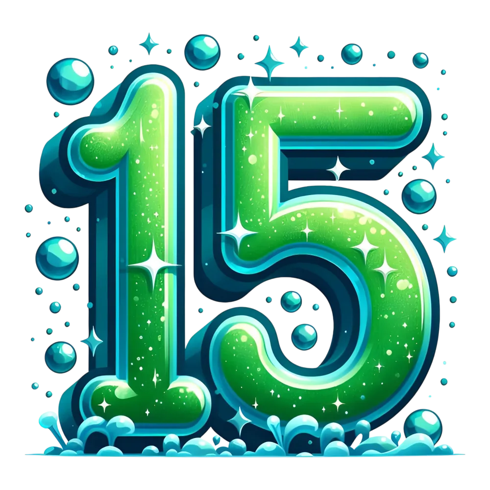 Glowing Green Number 15 with Blue Bubbles and Sparkles