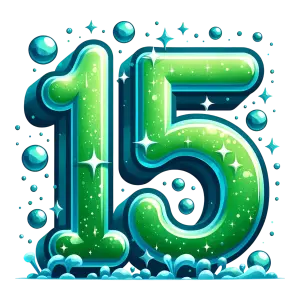 Glowing Green Number 15 with Blue Bubbles and Sparkles