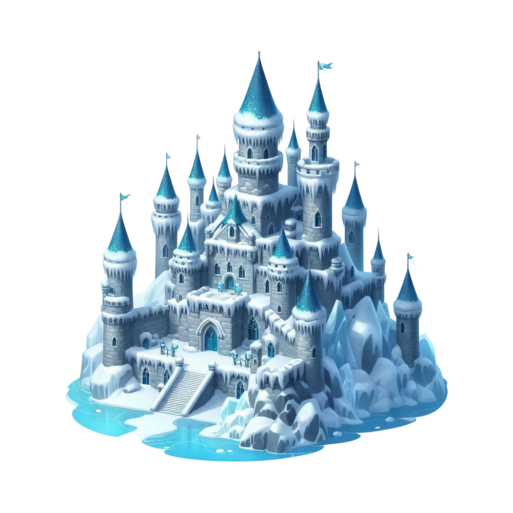 Fantasy Icy Snow-Covered Castle with Blue Spires