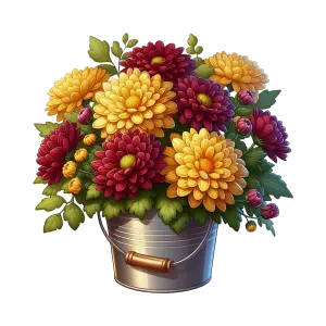 Flower bouquet with red and yellow chrysanthemum in metal bucket