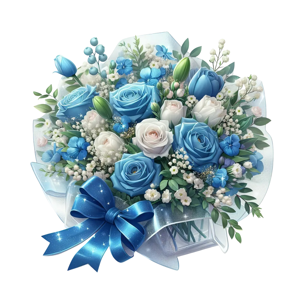 Elegant Bouquet of Blue and White Roses with Ribbon
