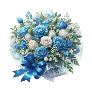 Elegant Bouquet of Blue and White Roses with Ribbon