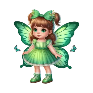 Cute Little Girl Fairy with Green Butterfly Wings and Dress