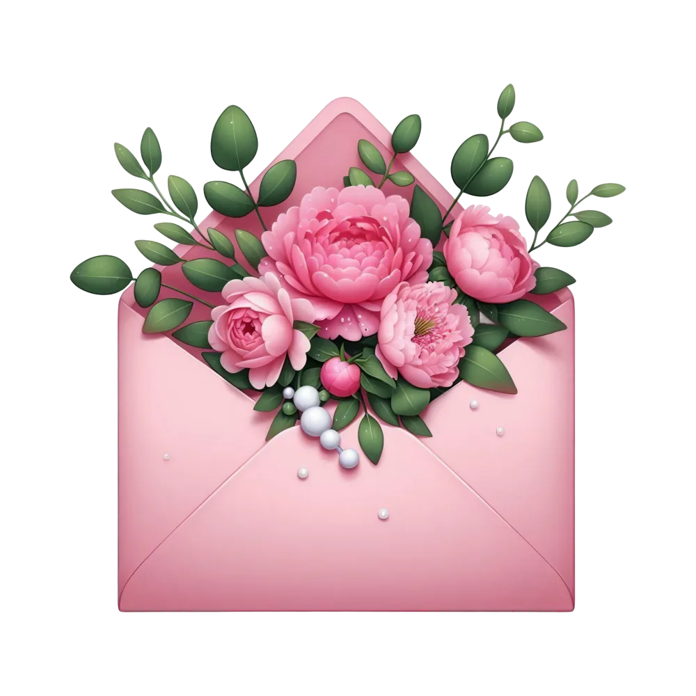 Pink Floral Bouquet in Open Envelope with Green Leaves