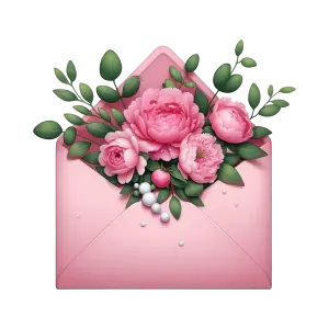 Pink Floral Bouquet in Open Envelope with Green Leaves