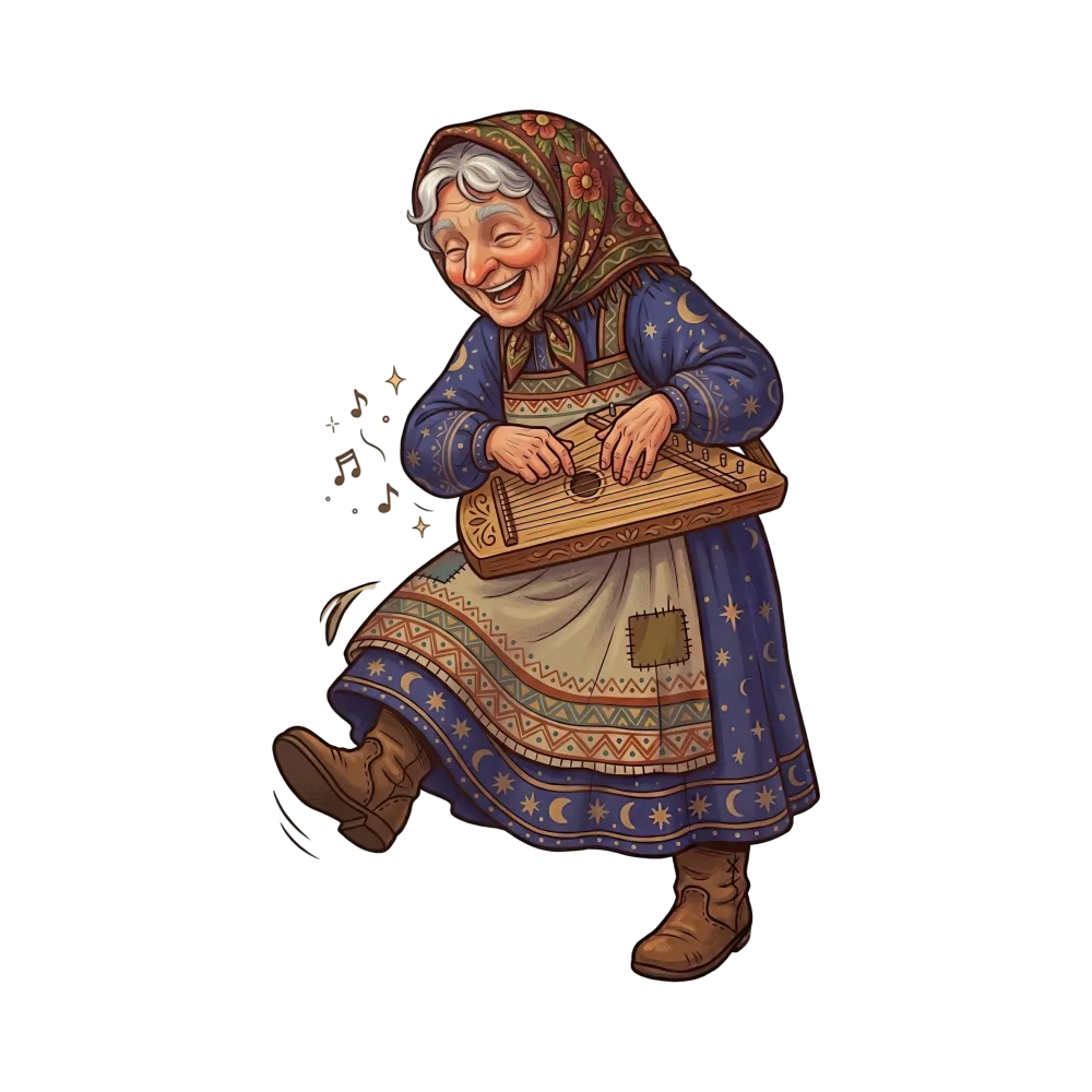 Happy Elderly Woman Playing Stringed Instrument in Traditional Dress