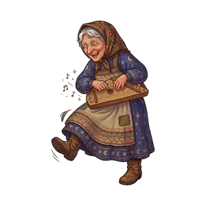 Happy Elderly Woman Playing Stringed Instrument in Traditional Dress
