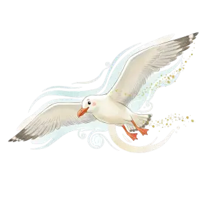 Illustration of a Soaring Seagull with Decorative Swirls and Gold Sparkles