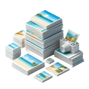 Stacks of Printed Photos and Camera with Tropical Beach Scenes