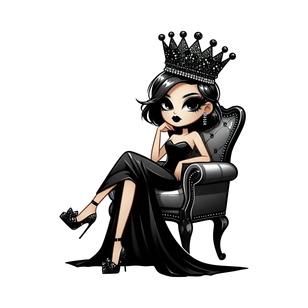 Elegant Cartoon Queen Sitting on Throne with Black Crown