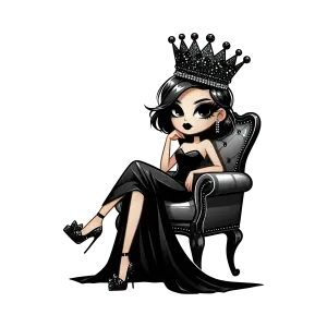 Elegant Cartoon Queen Sitting on Throne with Black Crown