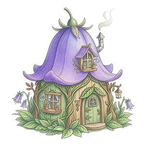 Fairy Tale Flower House with Purple Bell Flower Roof
