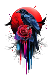 Blue Raven Perched on Red Rose with Abstract Drips and Red Moon
