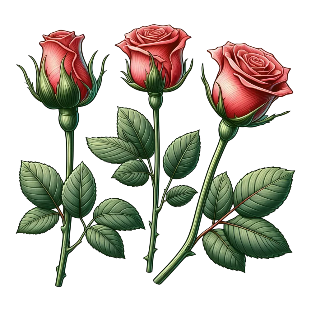 Three Red Rose Buds with Green Leaves and Stems